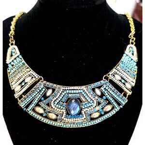 Egyptian Pharoah Bib Necklace Blue Stones Beads Gold Tone Rope Chain Statement